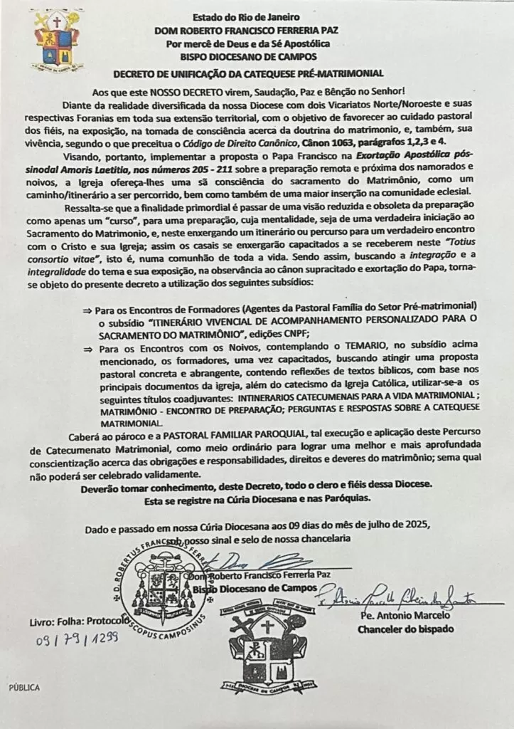 Decredo de Bispo sobre Itinerario de acompanhamento para o sacramento do matrimonio